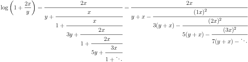 
\log \left( 1%2B\frac{2x}{y} \right) = \cfrac{2x} {y%2B\cfrac{x} {1%2B\cfrac{x} {3y%2B\cfrac{2x} {1%2B\cfrac{2x} {5y%2B\cfrac{3x} {1%2B\ddots}}}}}} 
= \cfrac{2x} {y%2Bx-\cfrac{(1x)^2} {3(y%2Bx)-\cfrac{(2x)^2} {5(y%2Bx)-\cfrac{(3x)^2} {7(y%2Bx)-\ddots}}}}
