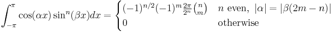 \int_{-\pi}^{\pi} \cos(\alpha x) \sin^n(\beta x) dx = \begin{cases}
(-1)^{n/2} (-1)^m \frac{2 \pi}{2^n} \binom{n}{m} & n \text{ even},\ |\alpha| = |\beta (2m-n)| \\
0 & \text{otherwise}
\end{cases} 