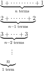 
\begin{align}
& \underbrace{1 %2B \cdots\cdots\cdots %2B 1}_{n\text{ terms}} \\
& \underbrace{2 %2B \cdots\cdots %2B 2}_{n-1\text{ terms}} \\
& \underbrace{3 %2B \cdots %2B 3}_{n-2\text{ terms}} \\
& {}\qquad\vdots \\
& \underbrace{{}\quad  n\quad {}}_{1\text{ term}}
\end{align}
