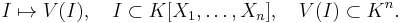  I \mapsto V(I), \quad I\subset K[X_1,\ldots,X_n], \quad V(I)\subset K^n. 