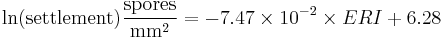  \text{ln(settlement)}  { \text{spores} \over \text{mm}^2 } = -7.47 \times 10^{-2} \times ERI %2B 6.28