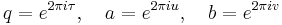 \displaystyle q= e^{2\pi i \tau},\quad a= e^{2\pi i u},\quad b= e^{2\pi i v}