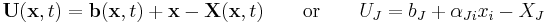 \mathbf U(\mathbf x,t) = \mathbf b(\mathbf x,t)%2B\mathbf x - \mathbf X(\mathbf x,t) \qquad \text{or}\qquad U_J = b_J %2B \alpha_{Ji}x_i - X_J \,\!