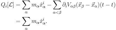 
\begin{align}
Q_i[\mathcal{L}] & = \sum_\alpha m_\alpha \dot{x}_\alpha^i-\sum_{\alpha<\beta}\partial_i V_{\alpha\beta}(\vec{x}_\beta-\vec{x}_\alpha)(t-t) \\
& = \sum_\alpha m_\alpha \dot{x}_\alpha^i.
\end{align}
