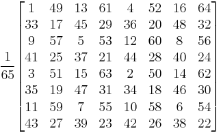 
\frac{\displaystyle 1}{\displaystyle 65}
\begin{bmatrix}
1  & 49 & 13 & 61 &  4 & 52 & 16 & 64 \\
33 & 17 & 45 & 29 & 36 & 20 & 48 & 32 \\
9  & 57 &  5 & 53 & 12 & 60 &  8 & 56 \\
41 & 25 & 37 & 21 & 44 & 28 & 40 & 24 \\
3  & 51 & 15 & 63 &  2 & 50 & 14 & 62 \\
35 & 19 & 47 & 31 & 34 & 18 & 46 & 30 \\
11 & 59 &  7 & 55 & 10 & 58 &  6 & 54 \\
43 & 27 & 39 & 23 & 42 & 26 & 38 & 22 \\
\end{bmatrix}
