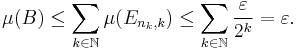 \mu(B) 
\le\sum_{k\in\mathbb{N}}\mu(E_{n_k,k})
\le\sum_{k\in\mathbb{N}}\frac\varepsilon{2^k}
=\varepsilon.