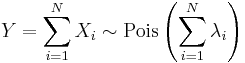 Y = \sum_{i=1}^N X_i \sim \mathrm{Pois}\left(\sum_{i=1}^N \lambda_i\right)\,