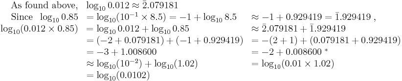 \begin{array}{rll}
\text{As found above,}       &\log_{10}0.012\approx\bar{2}.079181                                                    \\
\text{Since}\;\;\log_{10}0.85&=\log_{10}(10^{-1}\times 8.5)=-1%2B\log_{10}8.5&\approx-1%2B0.929419=\bar{1}.929419\;,     \\
\log_{10}(0.012\times 0.85)  &=\log_{10}0.012%2B\log_{10}0.85                &\approx\bar{2}.079181%2B\bar{1}.929419     \\
                             &=(-2%2B0.079181)%2B(-1%2B0.929419)                 &=-(2%2B1)%2B(0.079181%2B0.929419)              \\
                             &=-3%2B1.008600                                 &=-2%2B0.008600\;^*                         \\
                             &\approx\log_{10}(10^{-2})%2B\log_{10}(1.02)    &=\log_{10}(0.01\times 1.02)              \\
                             &=\log_{10}(0.0102)
\end{array}