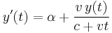 y'(t)=\alpha%2B\frac{v\,y(t)}{c%2Bvt}\,\!