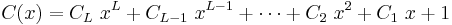  C(x) = C_{L} \ x^{L} %2B C_{L-1} \ x^{L-1} %2B \cdots %2B C_2 \ x^2 %2B C_1 \ x %2B 1 