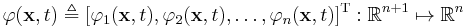 \varphi(\mathbf{x},t) \triangleq [ \varphi_1(\mathbf{x},t), \varphi_2(\mathbf{x},t), \ldots, \varphi_n(\mathbf{x},t) ]^{\operatorname{T}}�: \mathbb{R}^{n%2B1} \mapsto \mathbb{R}^n