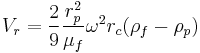  V_r = \frac{2}{9} \frac{r_p^2}{\mu _f}  \omega ^2 r_c (\rho _f - \rho _p)