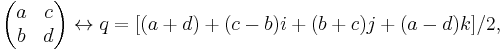 \begin{pmatrix} a & c \\ b & d\end{pmatrix} \leftrightarrow q = [(a%2Bd) %2B (c-b)i %2B (b%2Bc)j %2B (a-d)k]/2,