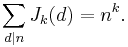 
\sum_{d | n } J_k(d) = n^k. \, 
