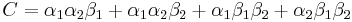 C = \alpha_1 \alpha_2 \beta_1 %2B \alpha_1 \alpha_2 \beta_2 %2B \alpha_1 \beta_1 \beta_2 %2B \alpha_2 \beta_1 \beta_2\,