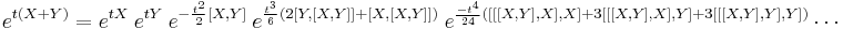 e^{t(X%2BY)}= e^{tX}~  e^{tY} ~e^{-\frac{t^2}{2} [X,Y]} ~
e^{\frac{t^3}{6}(2[Y,[X,Y]]%2B [X,[X,Y]] )} ~
e^{\frac{-t^4}{24}([[[X,Y],X],X] %2B 3[[[X,Y],X],Y] %2B 3[[[X,Y],Y],Y]) } \cdots