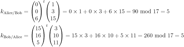 \begin{align}
 k_{\mathrm{Alice / Bob}} &= \begin{pmatrix} 0\\0\\6 \end{pmatrix}^t \begin{pmatrix} 1\\3\\15 \end{pmatrix} = 0 \times 1 %2B 0 \times 3 %2B 6 \times 15 = 90\ \mathrm{mod}\ 17 = 5\\
 k_{\mathrm{Bob / Alice}} &= \begin{pmatrix} 15\\16\\5 \end{pmatrix}^t \begin{pmatrix} 3\\10\\11 \end{pmatrix} = 15 \times 3 %2B 16 \times 10 %2B 5 \times 11 = 260\ \mathrm{mod}\ 17 = 5
\end{align}