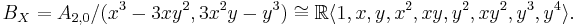  B_X = A_{2,0} / (x^3 - 3xy^2, 3x^2y - y^3) \cong \R\langle 1, x, y, x^2, xy, y^2, xy^2, y^3, y^4 \rangle . 