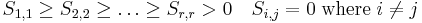 S_{1,1} \geq S_{2,2} \geq \ldots \geq  S_{r,r} > 0 \quad S_{i,j} = 0 \; \text{where} \; i \neq j