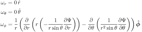 
\begin{align}
\omega_r      &= 0\,{\hat r} \\
\omega_\theta &= 0\,{\hat \theta} \\
\omega_\phi   &= {1 \over r}\left({\partial \over \partial r} \left( r \left(-\frac{1}{r \sin\theta}\frac{\partial\Psi}{\partial r}\right) \right) - 
{\partial \over \partial \theta}\left(\frac{1}{r^2 \sin\theta}\frac{\partial\Psi}{\partial \theta}\right)\right) \boldsymbol{\hat \phi} \\
\end{align}
