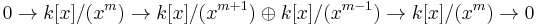  0 \rightarrow k[x]/(x^m) \rightarrow k[x]/(x^{m%2B1}) \oplus k[x]/(x^{m-1}) \rightarrow k[x]/(x^{m}) \rightarrow 0