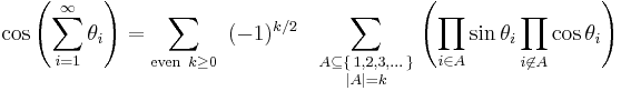  \cos\left(\sum_{i=1}^\infty \theta_i\right)
=\sum_{\text{even}\  k \ge 0} ~ (-1)^{k/2} ~~
\sum_{\begin{smallmatrix} A \subseteq \{\,1,2,3,\dots\,\} \\ \left|A\right| = k\end{smallmatrix}}
\left(\prod_{i \in A} \sin\theta_i \prod_{i \not \in A} \cos\theta_i\right) 