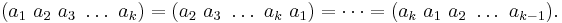  (a_1\ a_2\ a_3\ \ldots\ a_k) = (a_2\ a_3\ \ldots\ a_k\ a_1) = \cdots = (a_k\ a_1\ a_2\ \ldots\ a_{k-1}).\, 