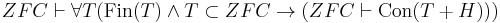 ZFC\vdash\forall T(\operatorname{Fin}(T)\land T\subset ZFC\rightarrow(ZFC\vdash \operatorname{Con}(T%2BH)))