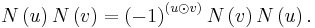 
N\left(  u\right)  N\left(  v\right)  =\left(  -1\right)  ^{\left(  u\odot
v\right)  }N\left(  v\right)  N\left(  u\right)  .
