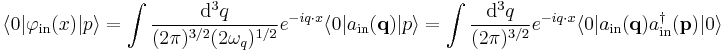 
\langle 0|\varphi_{\mathrm{in}}(x)|p\rangle=
\int \frac{\mathrm{d}^3q}{(2\pi)^{3/2}(2\omega_q)^{1/2}}
e^{-iq\cdot x} \langle 0|a_{\mathrm{in}}(\mathbf q)|p\rangle=
\int \frac{\mathrm{d}^3q}{(2\pi)^{3/2}}
e^{-iq\cdot x}
\langle 0|a_{\mathrm{in}}(\mathbf q)a^\dagger_{\mathrm{in}}(\mathbf p)|0\rangle
