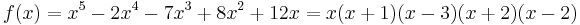 f(x) = x^5 - 2x^4-7x^3 %2B 8x^2 %2B 12x = x (x %2B 1) (x - 3) (x %2B 2) (x - 2)