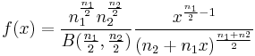 f(x) = \frac{n_1^{\frac{n_1}{2}} n_2^{\frac{n_2}{2}}}{B(\frac{n_1}{2},\frac{n_2}{2})} \frac{x^{\frac{n_1}{2} - 1}}{(n_2 %2B n_1 x)^{\frac{n_1 %2B n2}{2}}}