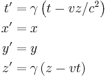 \begin{align}
t' &= \gamma \left( t - v z/c^2 \right)  \\ 
x' &= x \\ 
y' &= y \\
z' &= \gamma \left( z - v t \right)\\
\end{align}