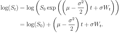  
\begin{alignat}{2}
\log(S_t) &=\log\left(S_0\exp\left(\left(\mu - \frac{\sigma^2}{2} \right)t %2B \sigma W_t\right)\right)\\&
=\log(S_0)%2B\left(\mu - \frac{\sigma^2}{2} \right)t %2B \sigma W_t.
\end{alignat}
