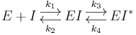 E %2B I \overset{k_1}\underset{k_{2}}{\begin{smallmatrix}\displaystyle\longrightarrow \\ \displaystyle\longleftarrow \end{smallmatrix}}EI \overset{k_3}\underset{k_{4}}{\begin{smallmatrix}\displaystyle\longrightarrow \\ \displaystyle\longleftarrow \end{smallmatrix}}EI^{*}