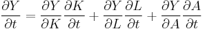 \frac{ \partial Y}{ \partial t} = \frac{ \partial Y}{ \partial K} \frac{ \partial K}{ \partial t} %2B \frac{ \partial Y}{ \partial L} \frac{ \partial L}{ \partial t} %2B \frac{ \partial Y}{ \partial A} \frac{ \partial A}{ \partial t} 