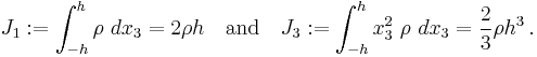 
   J_1�:= \int_{-h}^h \rho~dx_3 = 2\rho h \quad \text{and} \quad
   J_3�:= \int_{-h}^h x_3^2~\rho~dx_3 = \frac{2}{3}\rho h^3 \,.
