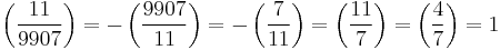 
\left(\frac{11}{9907}\right) 
=-\left(\frac{9907}{11}\right) 
=-\left(\frac{7}{11}\right) 
=\left(\frac{11}{7}\right) 
=\left(\frac{4}{7}\right)
=1 
