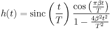 h(t) = \mathrm{sinc}\left(\frac{t}{T}\right)\frac{\cos\left(\frac{\pi\beta t}{T}\right)}{1 - \frac{4\beta^2 t^2}{T^2}}