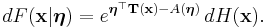 dF(\mathbf{x}|\boldsymbol\eta) = e^{\boldsymbol\eta^{\top} \mathbf{T}(\mathbf{x}) - A(\boldsymbol\eta)}\, dH(\mathbf{x}).