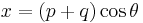 x = (p%2Bq) \cos\theta\,