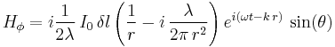 H_\phi=i\frac{1}{2\lambda}\,I_0\,\delta l\left(\frac{1}{r}-i\,\frac{\lambda}{2\pi\,r^2} \right) e^{i(\omega t-k\,r)}\,\sin(\theta)