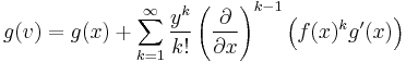 g(v)=g(x)%2B\sum_{k=1}^\infty\frac{y^k}{k!}\left(\frac\partial{\partial x}\right)^{k-1}\left(f(x)^kg'(x)\right)