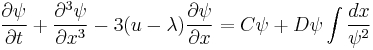  \frac{\partial \psi}{\partial t}%2B\frac{\partial^3 \psi}{\partial x^3}-3(u-\lambda)
\frac{\partial \psi}{\partial x}=C\psi%2BD\psi\int \frac{dx}{\psi^2}