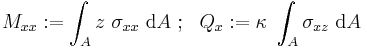 
   M_{xx}�:= \int_A z~\sigma_{xx}~\mathrm{d}A ~;~~ Q_x�:= \kappa~\int_A \sigma_{xz}~\mathrm{d}A
