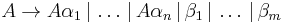 A \rightarrow A\alpha_1\,|\,\ldots\,|\,A\alpha_n\,|\,\beta_1\,|\,\ldots\,|\,\beta_m 