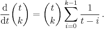 \frac{\mathrm{d}}{\mathrm{d}t} \binom{t}{k} = \binom{t}{k} \sum_{i=0}^{k-1} \frac{1}{t-i}\,.