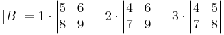  |B| = 1 \cdot \begin{vmatrix} 5 & 6 \\ 8 & 9 \end{vmatrix} - 2 \cdot \begin{vmatrix} 4 & 6 \\ 7 & 9 \end{vmatrix} %2B 3 \cdot \begin{vmatrix} 4 & 5 \\ 7 & 8 \end{vmatrix} 