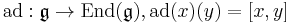 \textrm{ad}: \mathfrak{g}\to\textrm{End}(\mathfrak{g}),\textrm{ad}(x)(y)=[x,y]