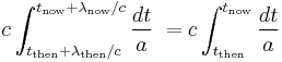 
c \int_{t_\mathrm{then}%2B\lambda_\mathrm{then}/c}^{t_\mathrm{now}%2B\lambda_\mathrm{now}/c} \frac{dt}{a}\; =
c \int_{t_\mathrm{then}}^{t_\mathrm{now}} \frac{dt}{a}\,
